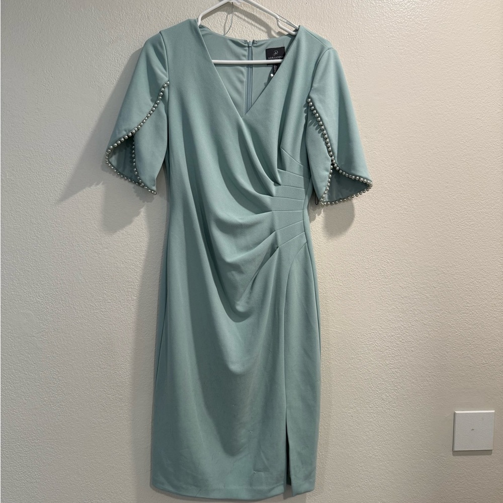 Adrianna Papell Teal Sheath Dress with Pearl Embroidered Sleeves